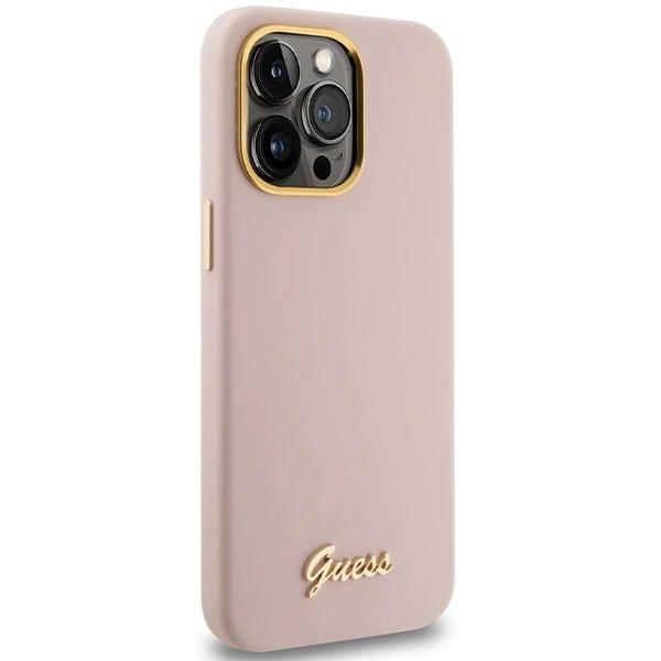 Zdjęcie do “Guess Silicone Script Metal Logo Frame różowy - etui iPhone 16 Pro Max”.