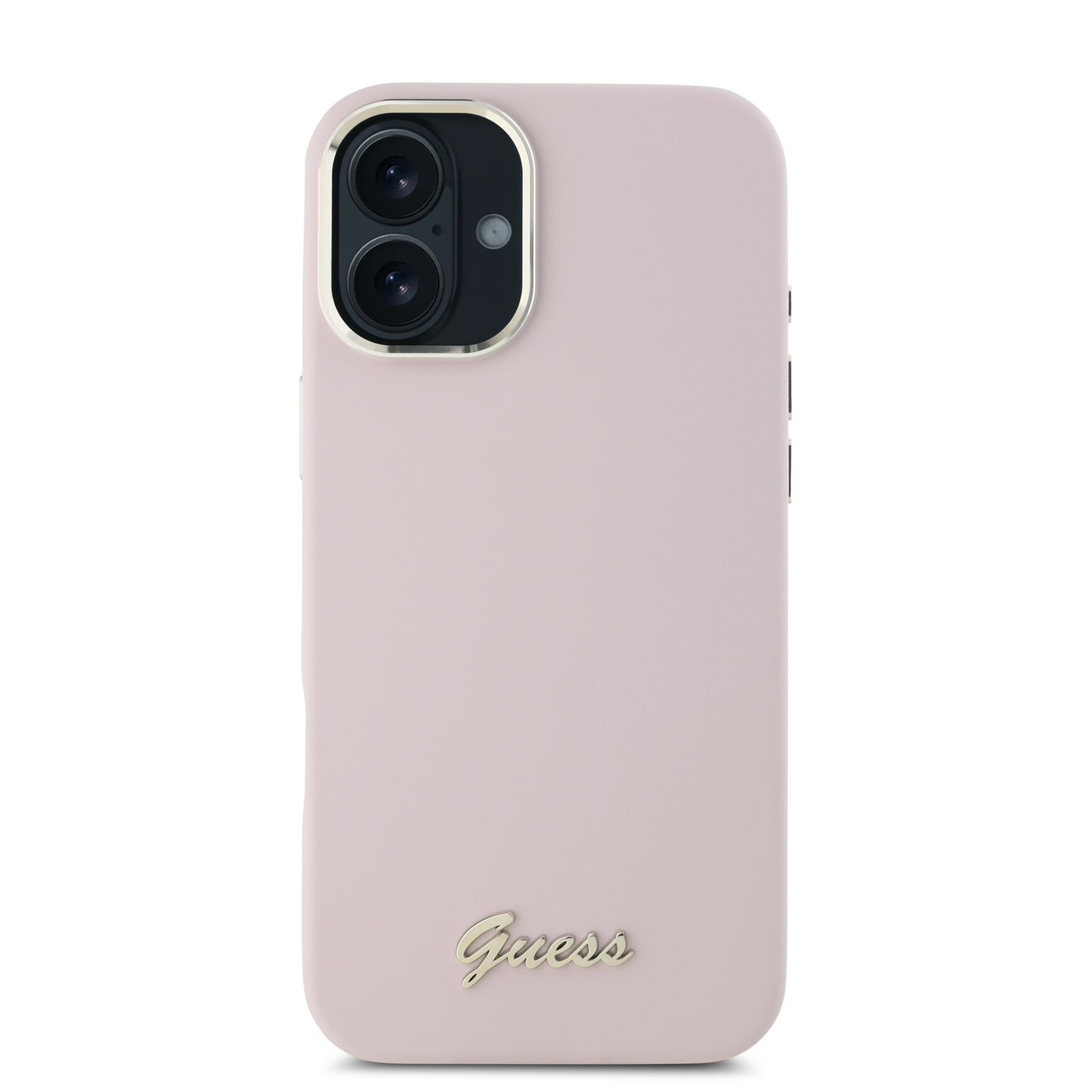 Zdjęcie do “Guess Silicone Script Metal Logo Frame różowy - etui iPhone 16 Plus”.