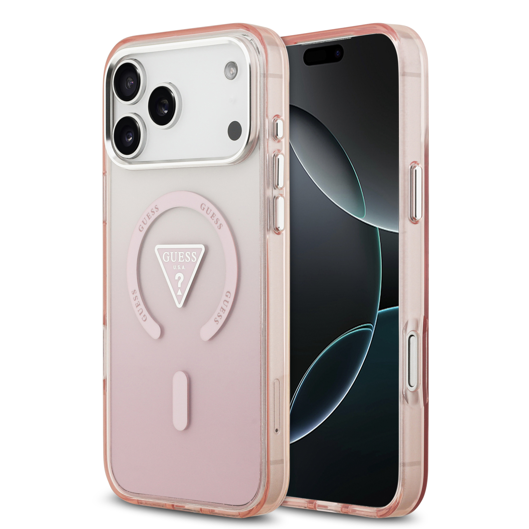 Zdjęcie do “Guess IML Gradient Triangle Logo MagSafe różowy - etui iPhone 17 Pro Max”.