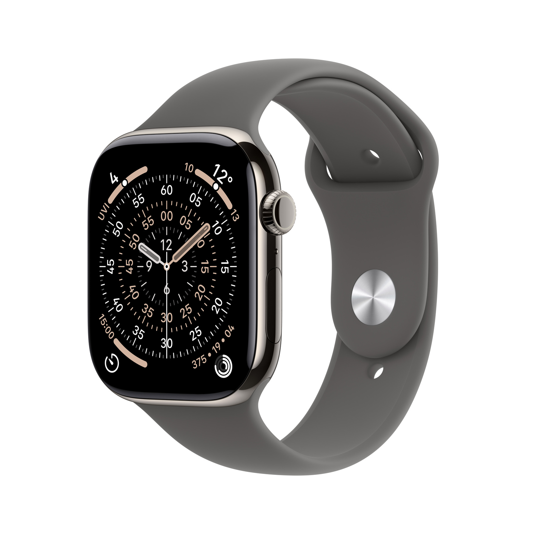Zdjęcie do “Apple Watch Series 11 GPS + Cellular 42mm Natural Titanium Case with Stone Grey Sport Band - M/L”.