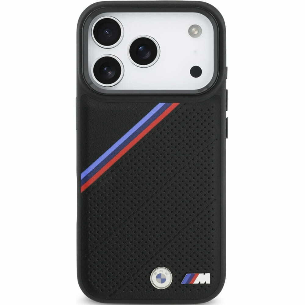 Zdjęcie do “BMW M Tricolor Metal Logo MS czarny - etui iPhone 17 Pro”.