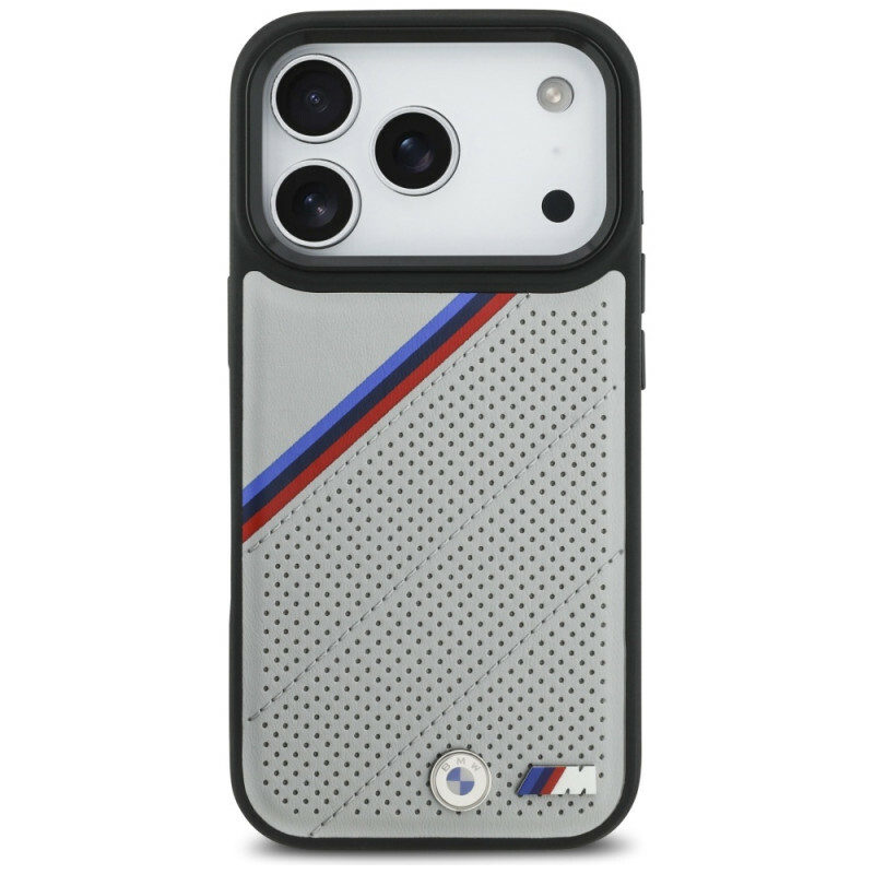 Zdjęcie do “BMW M Tricolor Metal Logo MS szary - etui iPhone 17 Pro”.