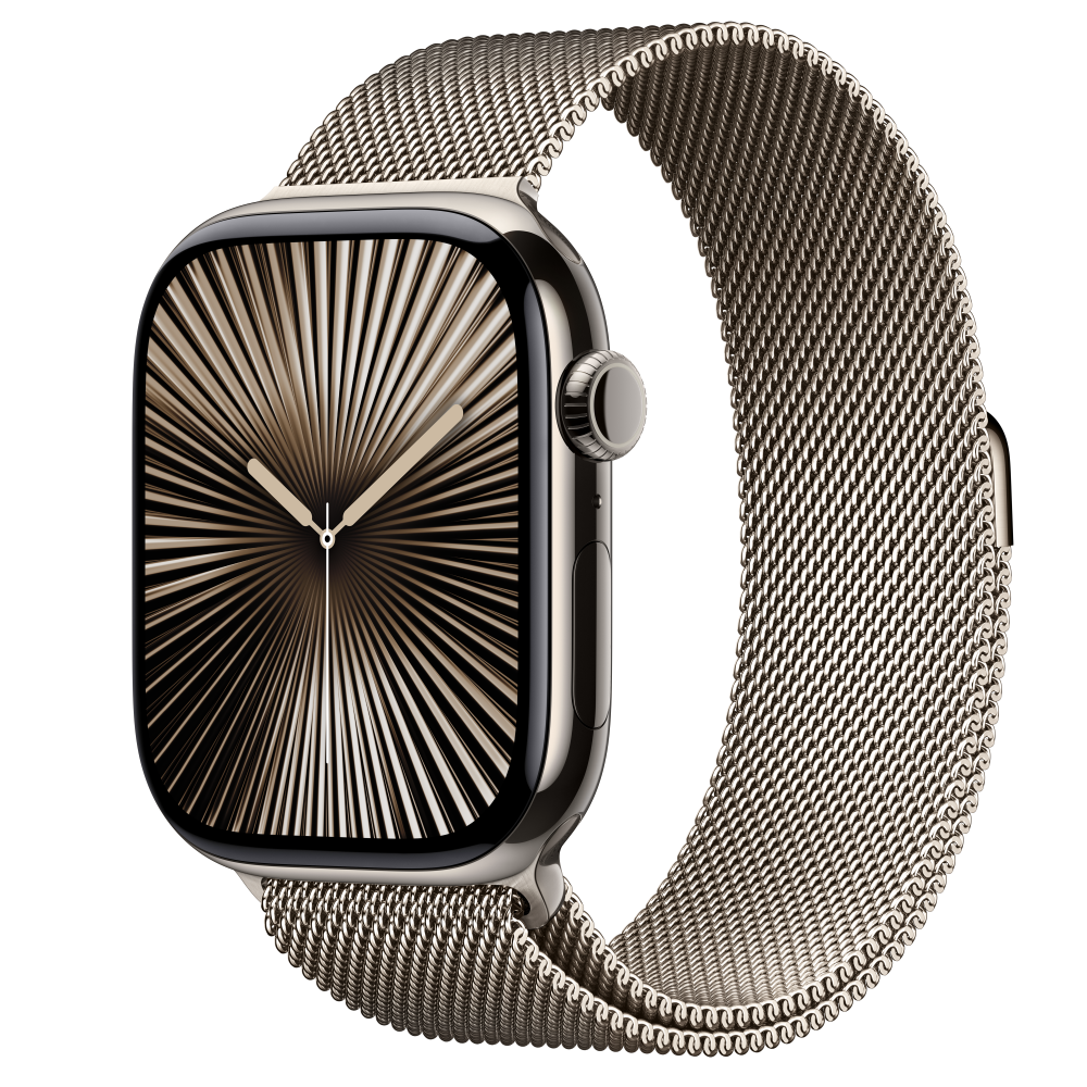 Zdjęcie do “Apple Watch Series 10 GPS + Cellular 46mm Natural Titanium Case with Natural Milanese Loop - S/M - Produkt otwarty”.
