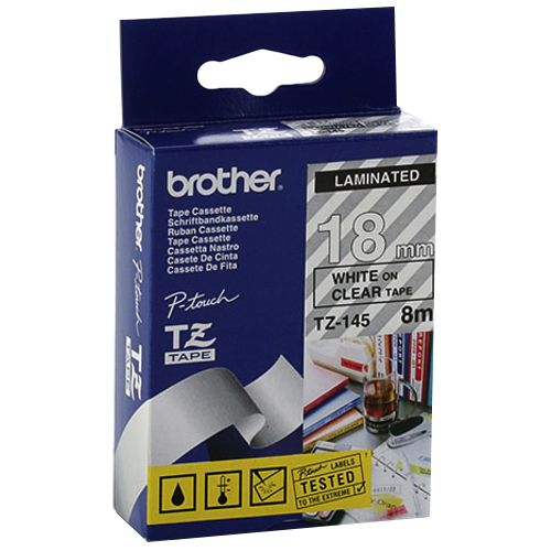 Brother taśma laminowana 18 mm TZ145 (białe na przezroczystym)