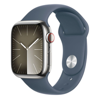 Zdjęcie do “Apple Watch Series 9 GPS + Cellular 45mm Silver Stainless Steel Case with Storm Blue Sport Band - S/M - Produkt używany”.