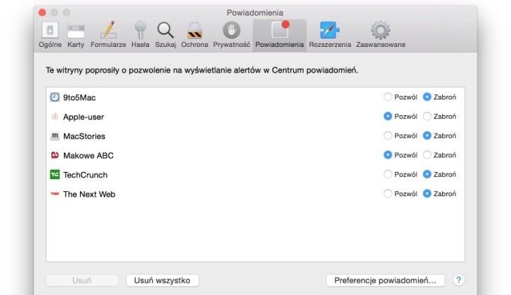 Wyłączenie powiadomień Push w Safari.