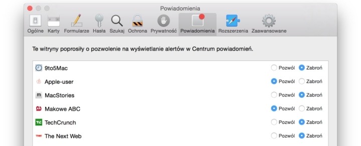 Wyłączenie powiadomień Push w Safari.